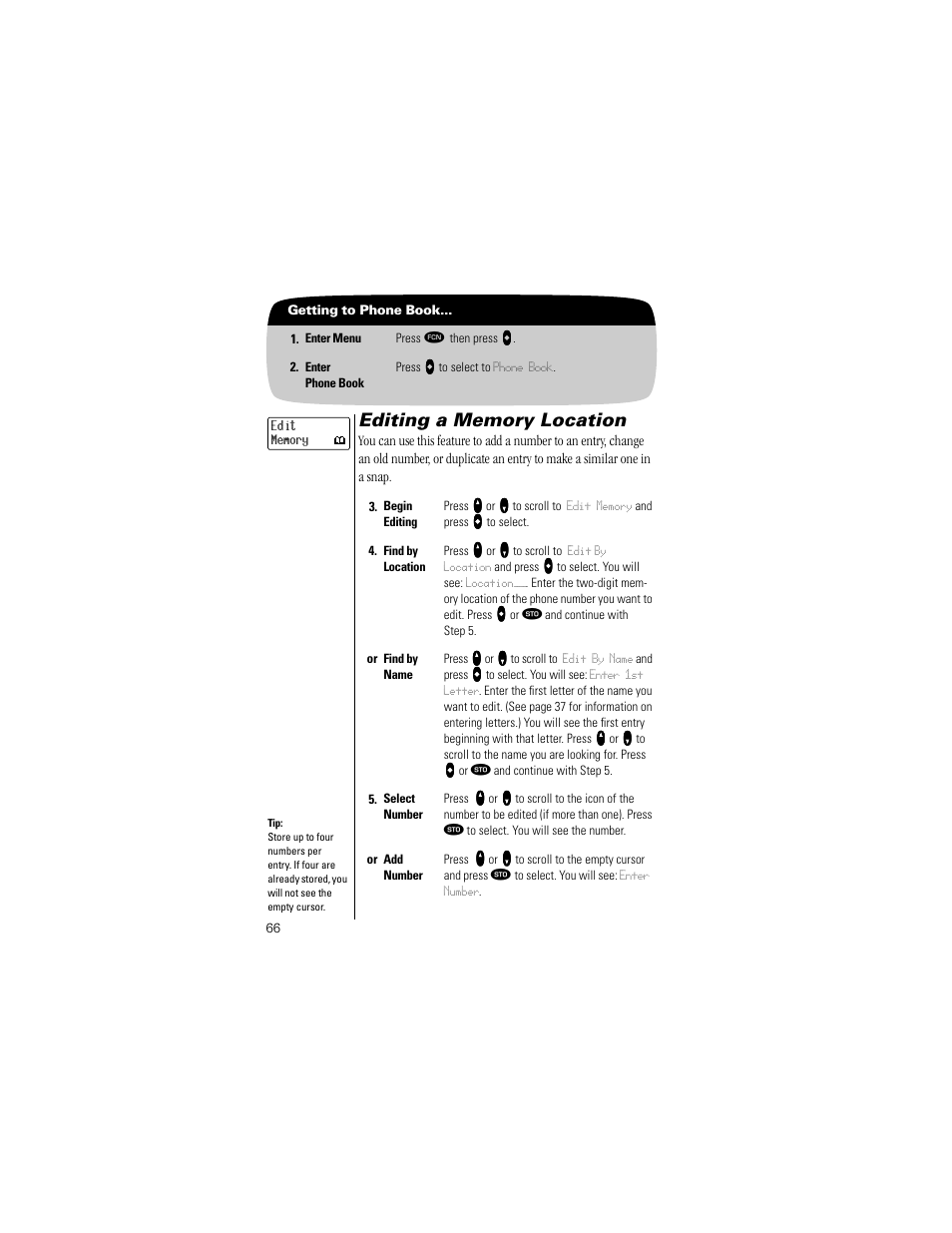 Editing a memory location, Pg. 66 | Motorola Digital StarTAC wireless phone User Manual | Page 66 / 143