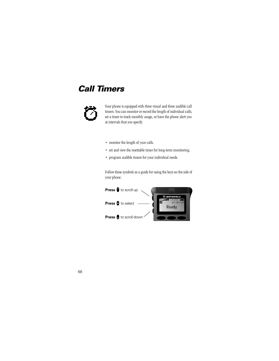 Call timers, Timers (pg. 68). y, Pg. 68 | Motorola Digital StarTAC wireless phone User Manual | Page 68 / 143