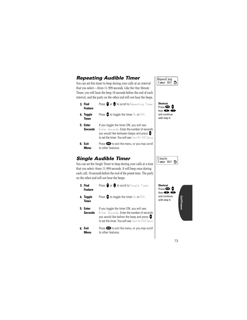 Repeating audible timer, Single audible timer, Pg. 73 | Motorola Digital StarTAC wireless phone User Manual | Page 73 / 143