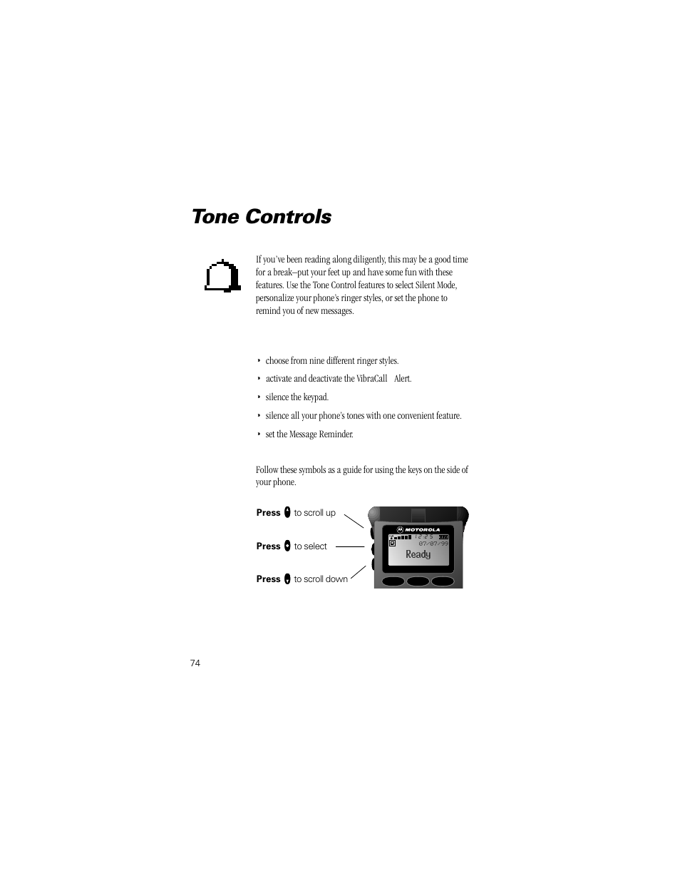 Tone controls, One controls, Pg. 74 | Motorola Digital StarTAC wireless phone User Manual | Page 74 / 143