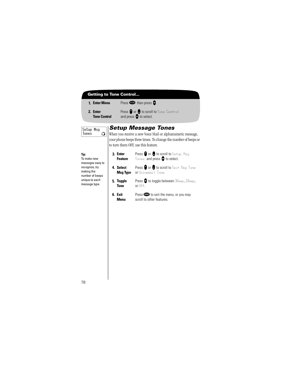 Setup message tones, Pg. 78 | Motorola Digital StarTAC wireless phone User Manual | Page 78 / 143