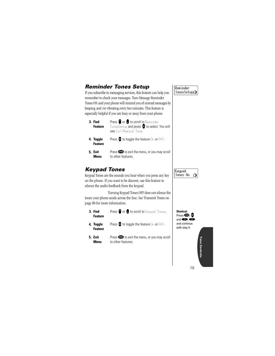 Reminder tones setup, Keypad tones, Pg. 79 | Motorola Digital StarTAC wireless phone User Manual | Page 79 / 143