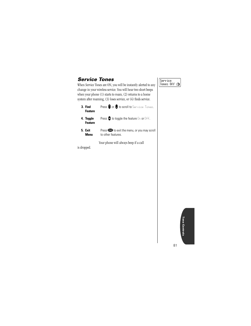 Service tones, Pg. 81 | Motorola Digital StarTAC wireless phone User Manual | Page 81 / 143
