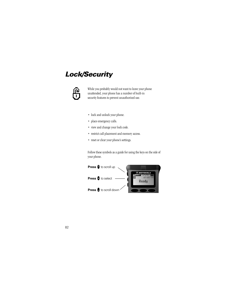 Lock/security, Pg. 82 | Motorola Digital StarTAC wireless phone User Manual | Page 82 / 143