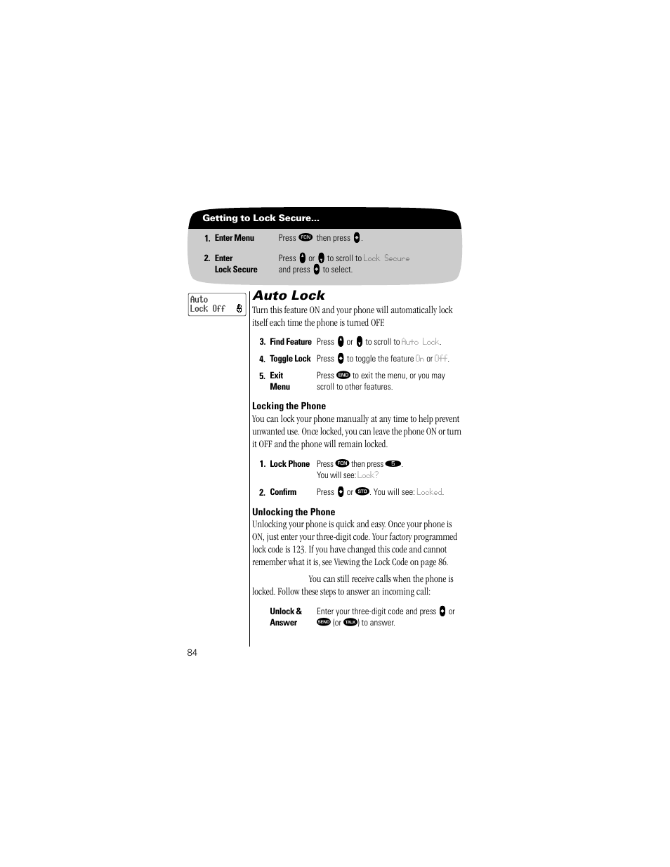 Auto lock, Locking the phone, Unlocking the phone | Pg. 84 | Motorola Digital StarTAC wireless phone User Manual | Page 84 / 143
