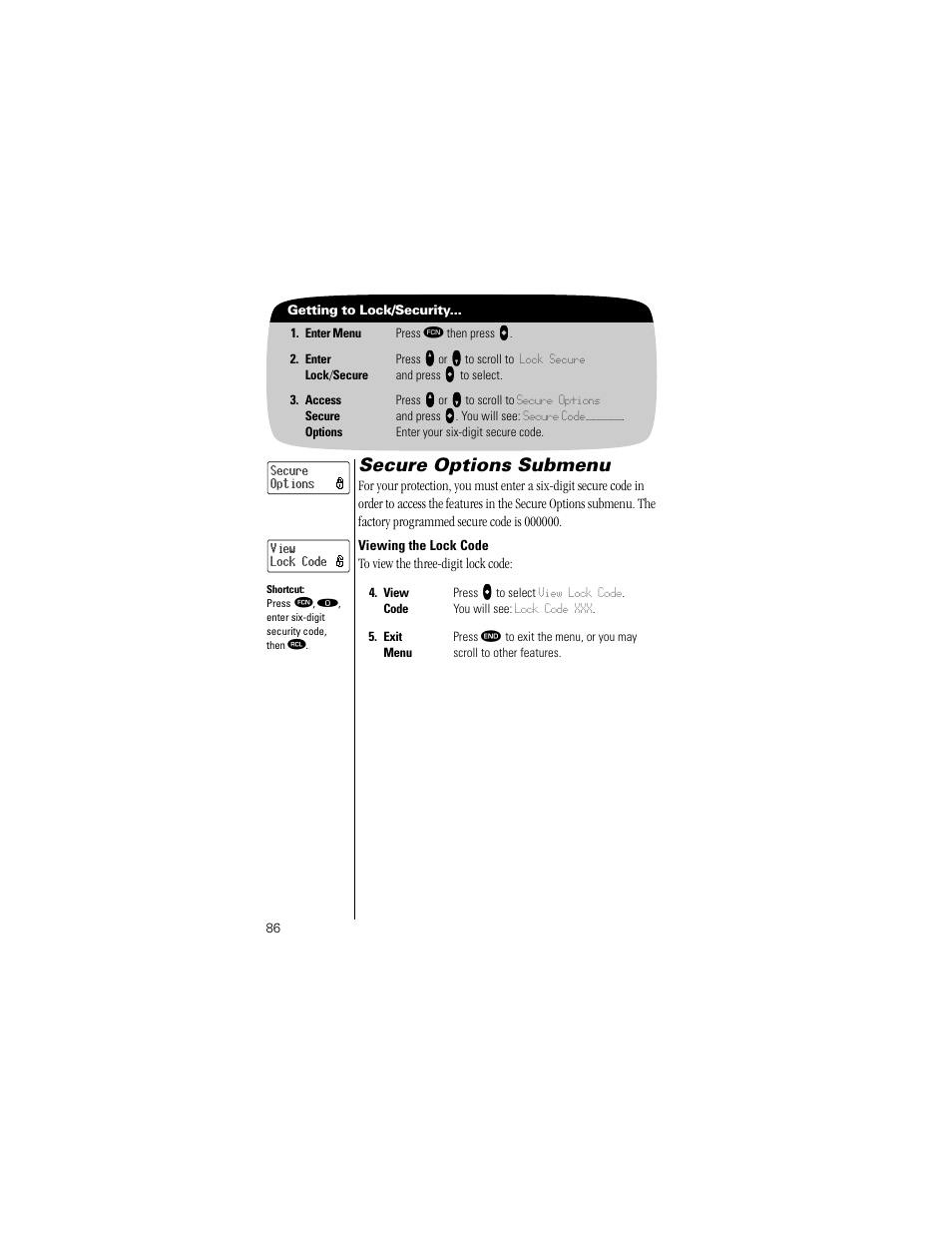 Secure options submenu, Viewing the lock code, Pg. 86 | Motorola Digital StarTAC wireless phone User Manual | Page 86 / 143