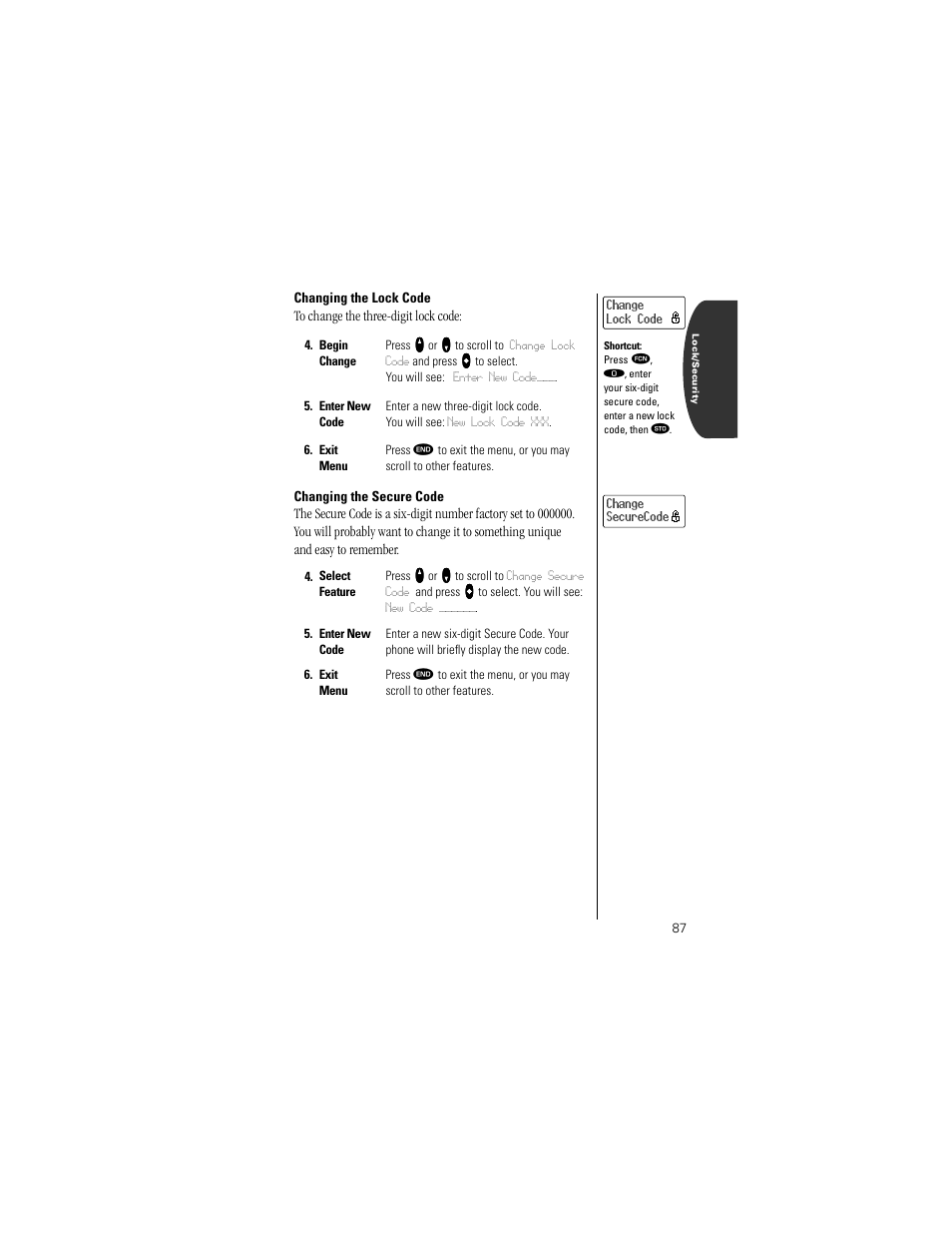 Changing the lock code, Changing the secure code, Pg. 87 | Motorola Digital StarTAC wireless phone User Manual | Page 87 / 143