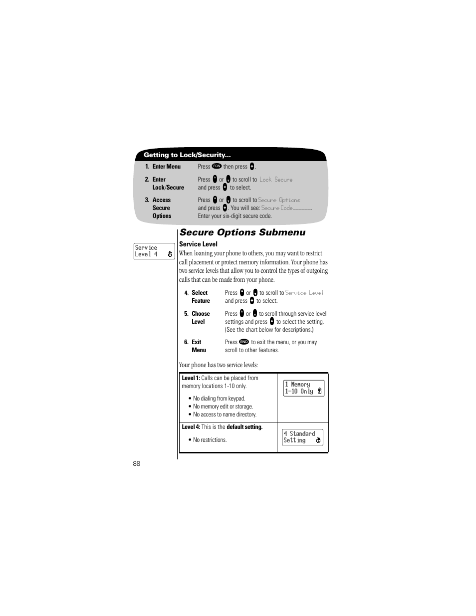 Service level, Pg. 88, Secure options submenu | Motorola Digital StarTAC wireless phone User Manual | Page 88 / 143