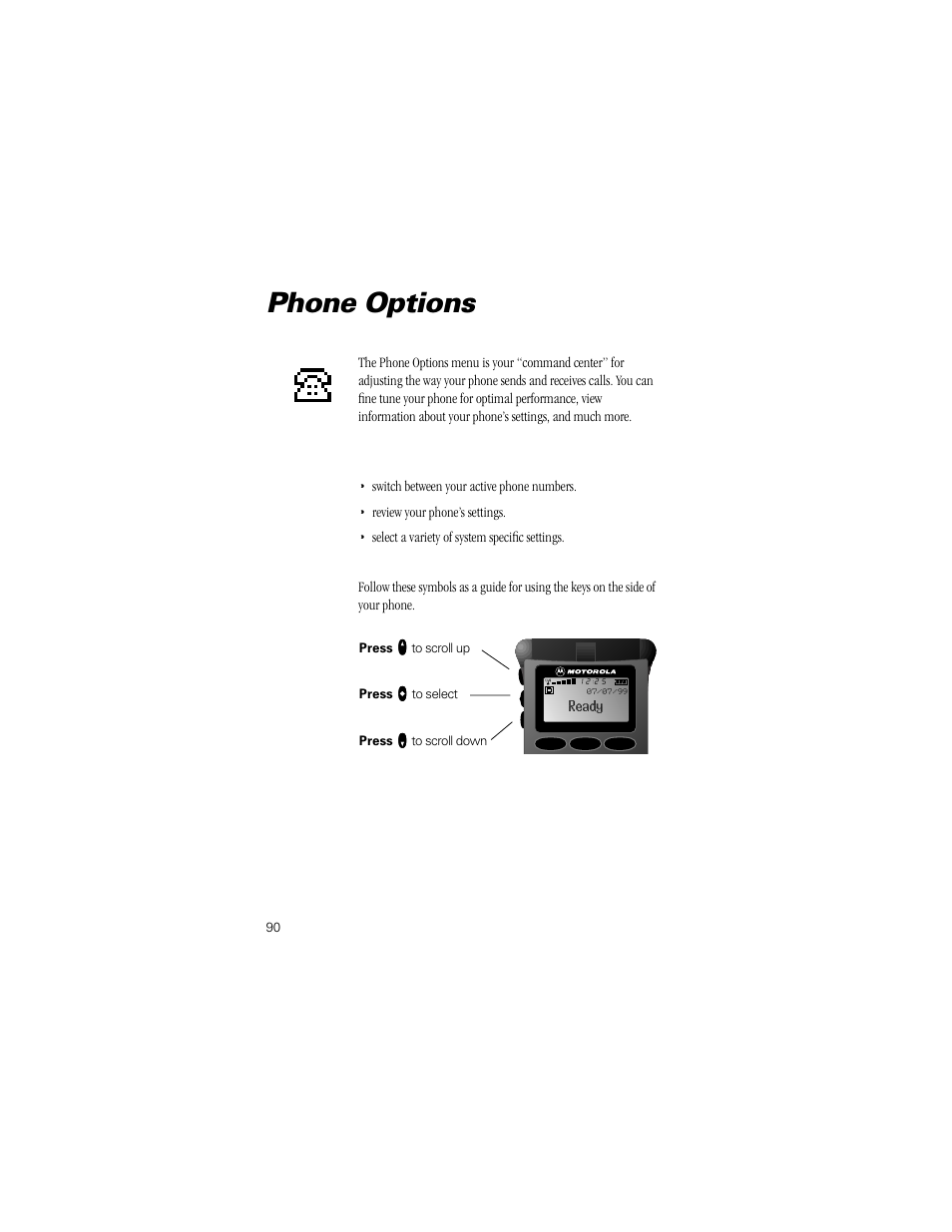 Phone options, Pg. 90 | Motorola Digital StarTAC wireless phone User Manual | Page 90 / 143