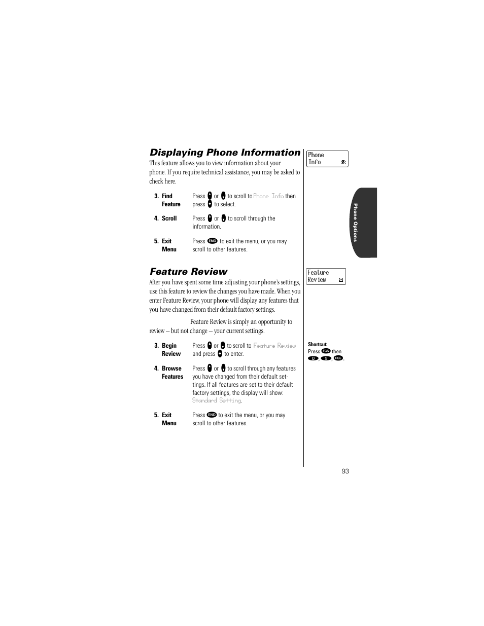 Displaying phone information, Feature review, Pg. 93 | Motorola Digital StarTAC wireless phone User Manual | Page 93 / 143