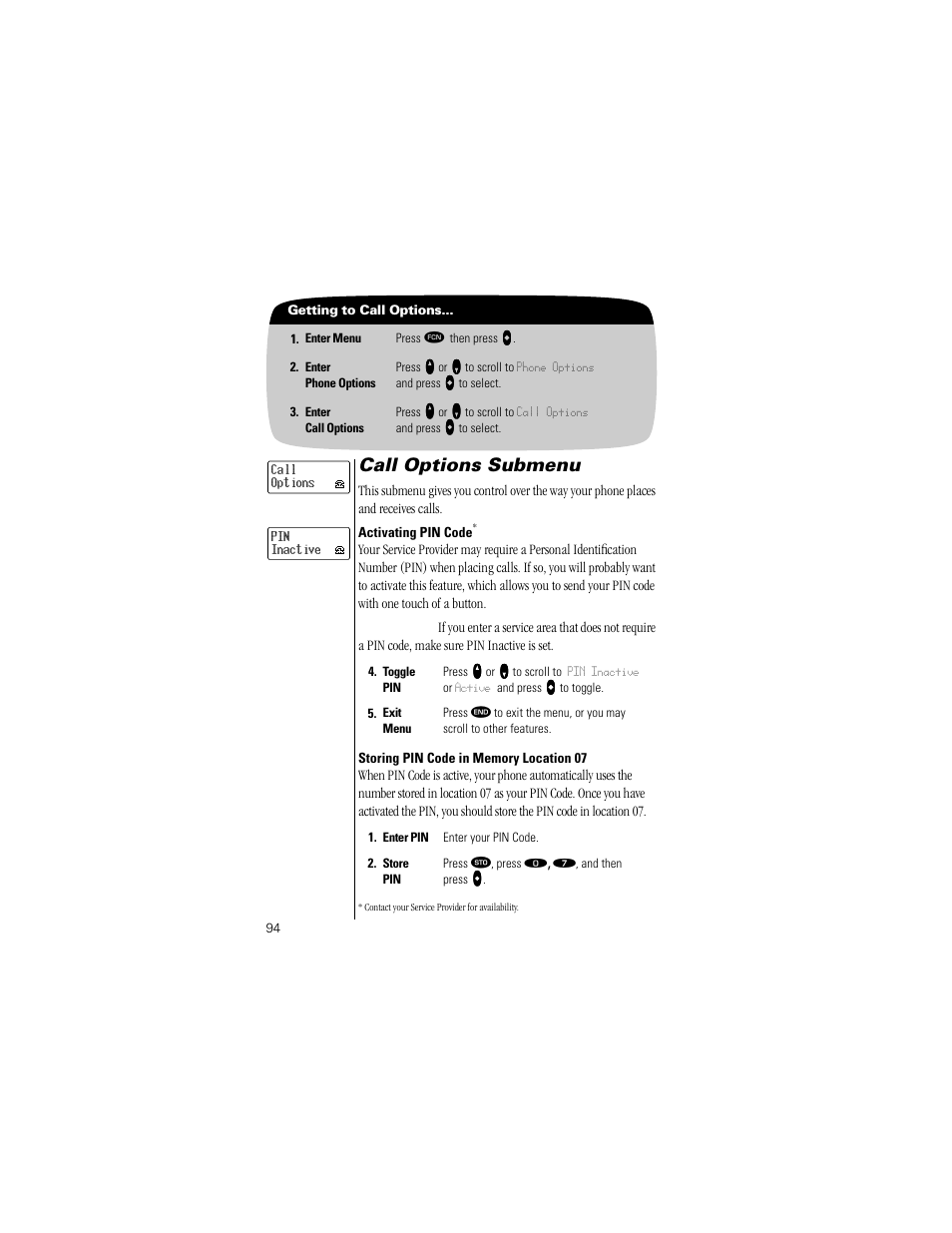 Call options submenu, Activating pin code, Storing pin code in memory location 07 | Pg. 94 | Motorola Digital StarTAC wireless phone User Manual | Page 94 / 143