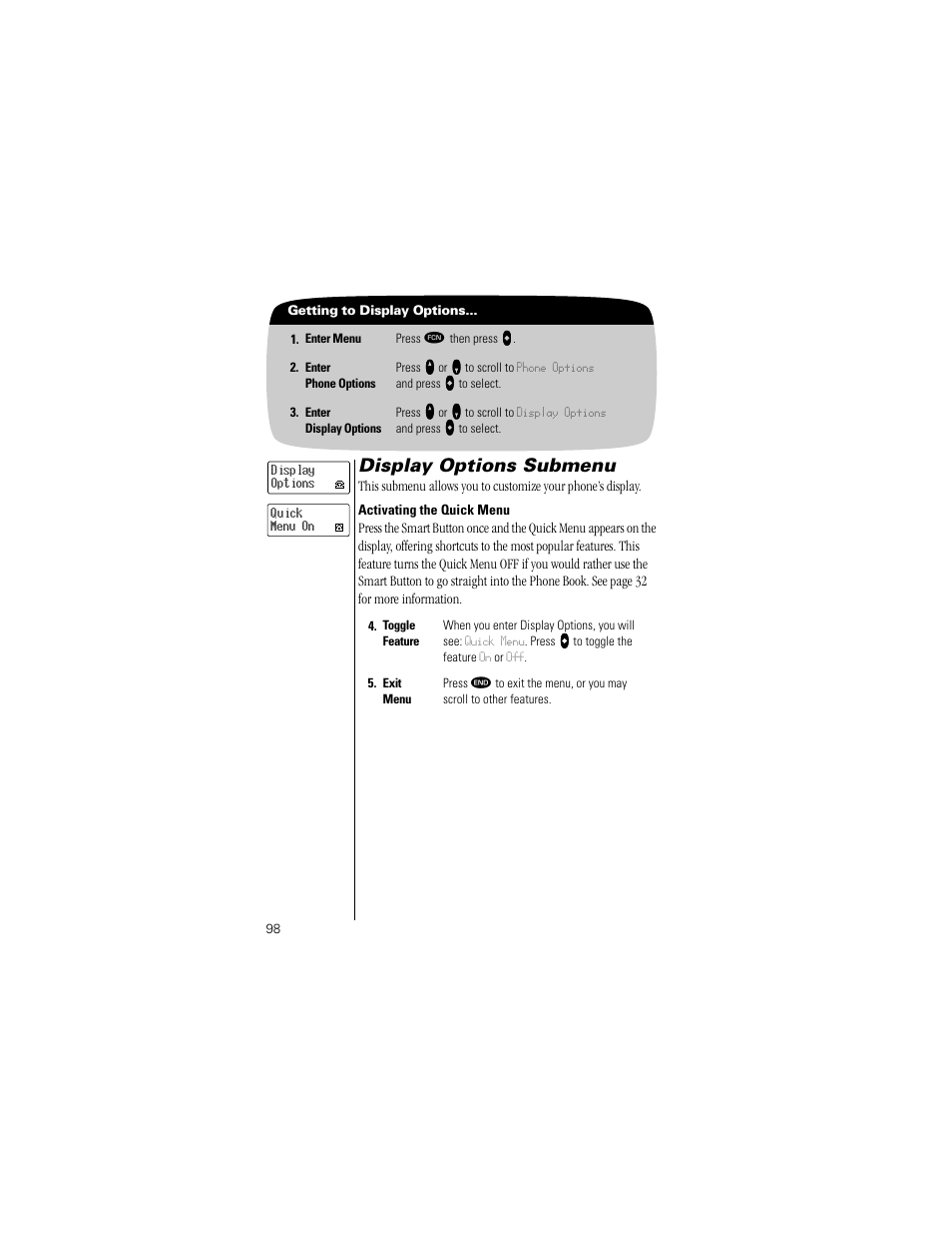 Display options submenu, Activating the quick menu, Pg. 98 | Motorola Digital StarTAC wireless phone User Manual | Page 98 / 143