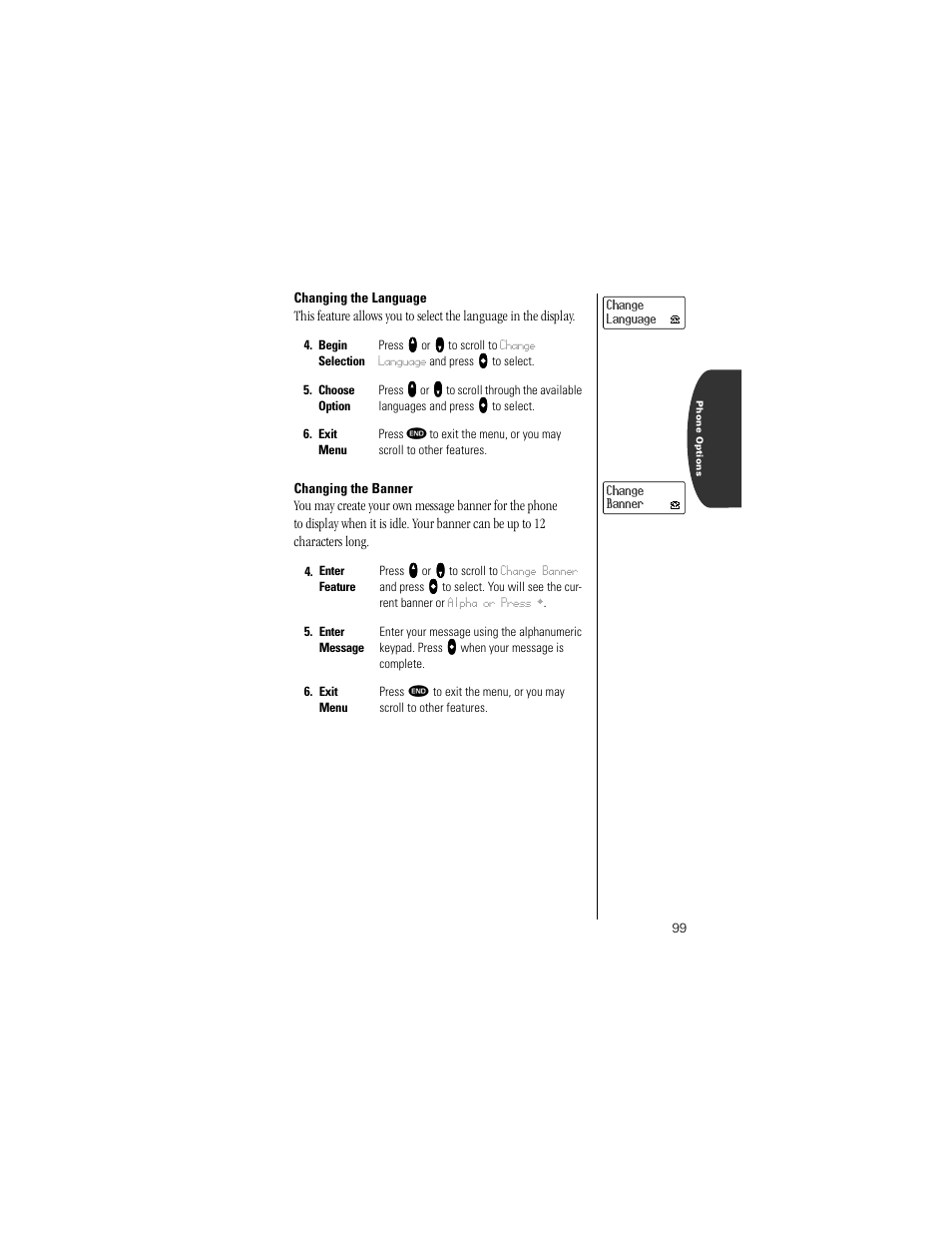 Changing the language, Changing the banner, Pg. 99 | Motorola Digital StarTAC wireless phone User Manual | Page 99 / 143