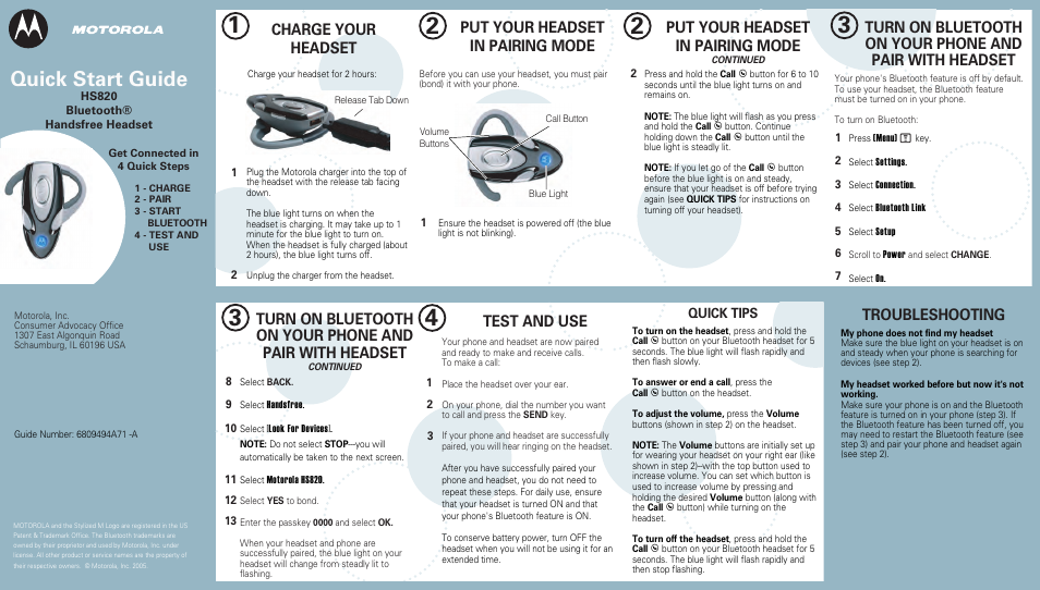 Motorola Bluetooth Handsfree Headset HS820 User Manual | 1 page