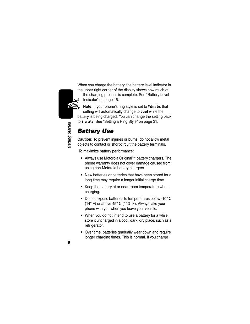 Battery use | Motorola CDMA User Manual | Page 10 / 74