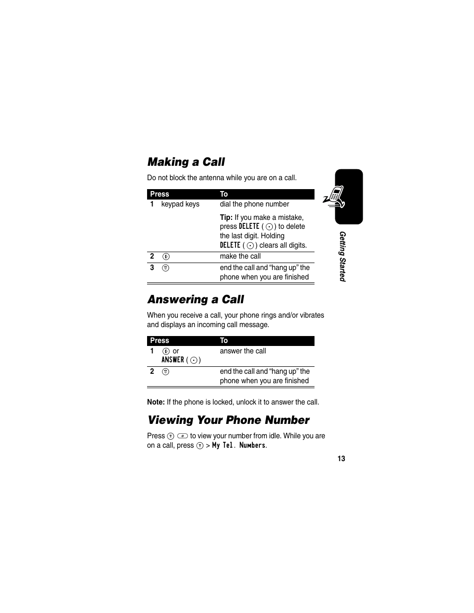 Making a call, Answering a call, Viewing your phone number | Motorola CDMA User Manual | Page 15 / 74