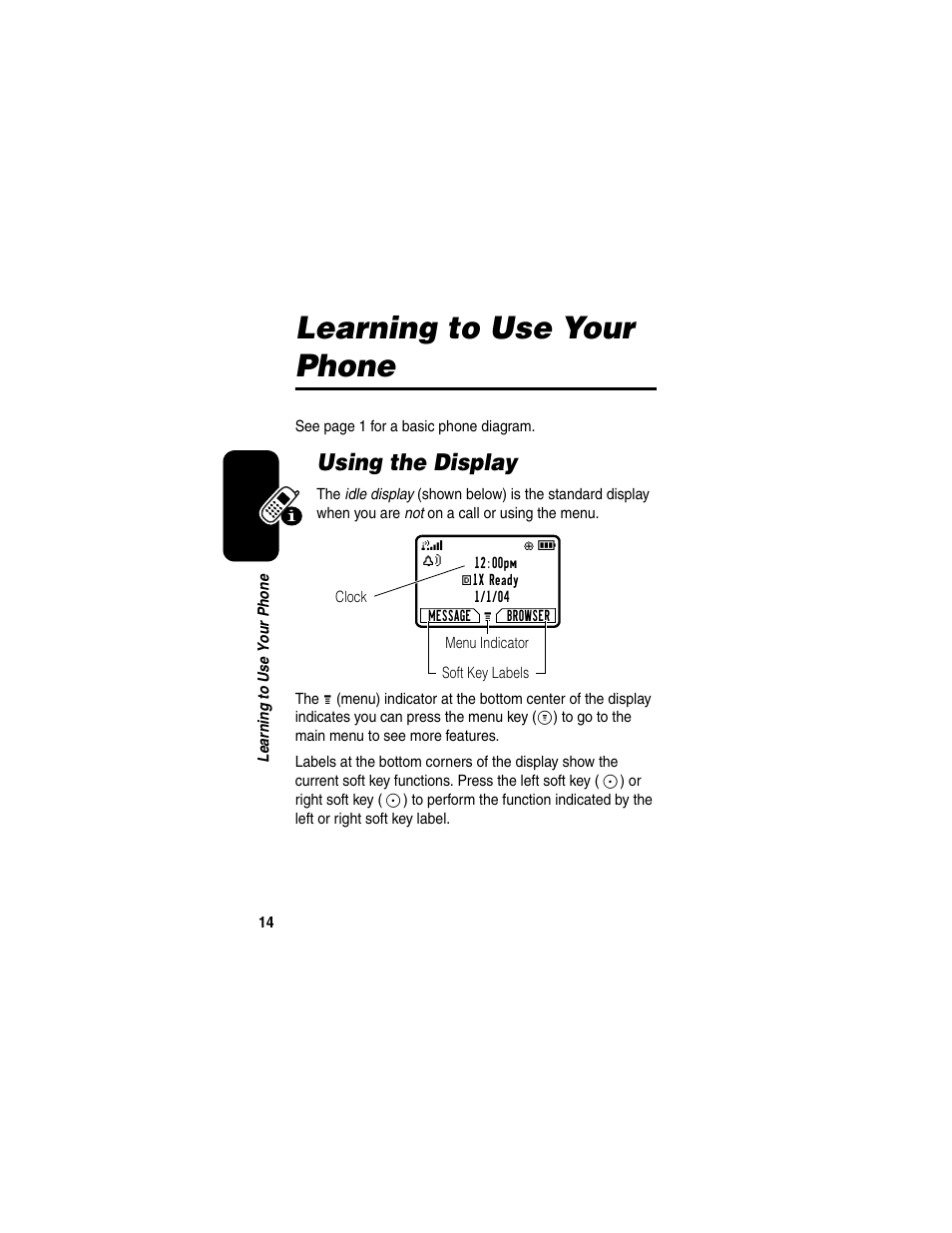 Learning to use your phone, Using the display | Motorola CDMA User Manual | Page 16 / 74