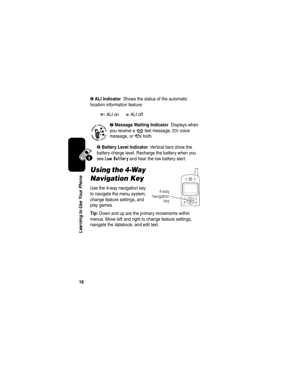 Using the 4-way navigation key | Motorola CDMA User Manual | Page 18 / 74
