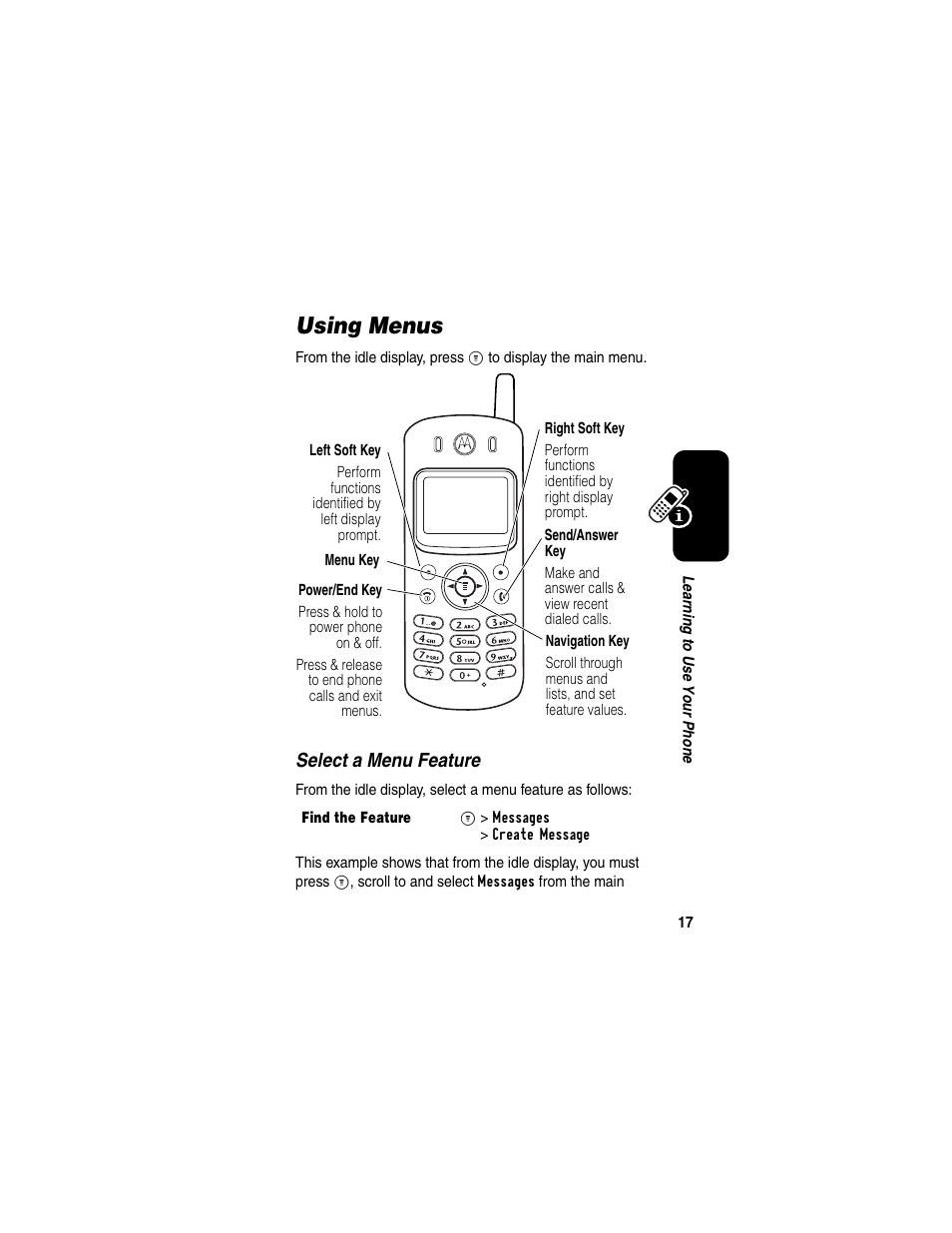 Using menus | Motorola CDMA User Manual | Page 19 / 74