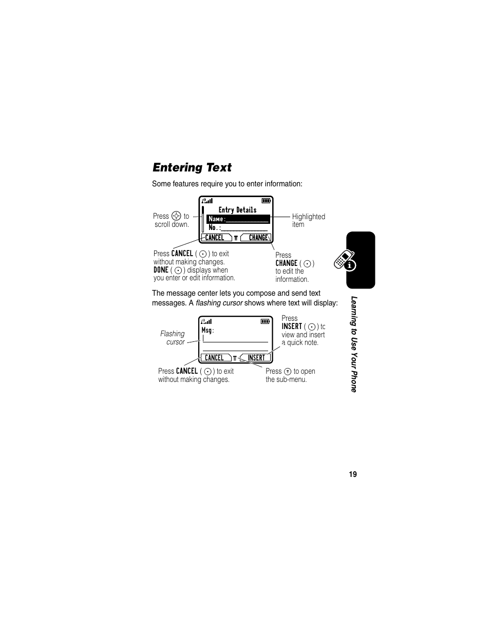 Entering text | Motorola CDMA User Manual | Page 21 / 74