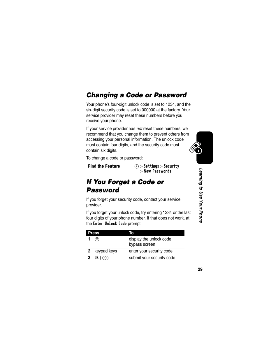 Changing a code or password, If you forget a code or password | Motorola CDMA User Manual | Page 31 / 74