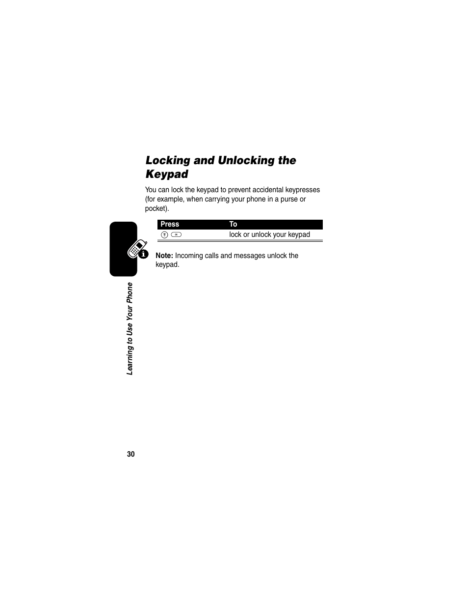 Locking and unlocking the keypad | Motorola CDMA User Manual | Page 32 / 74