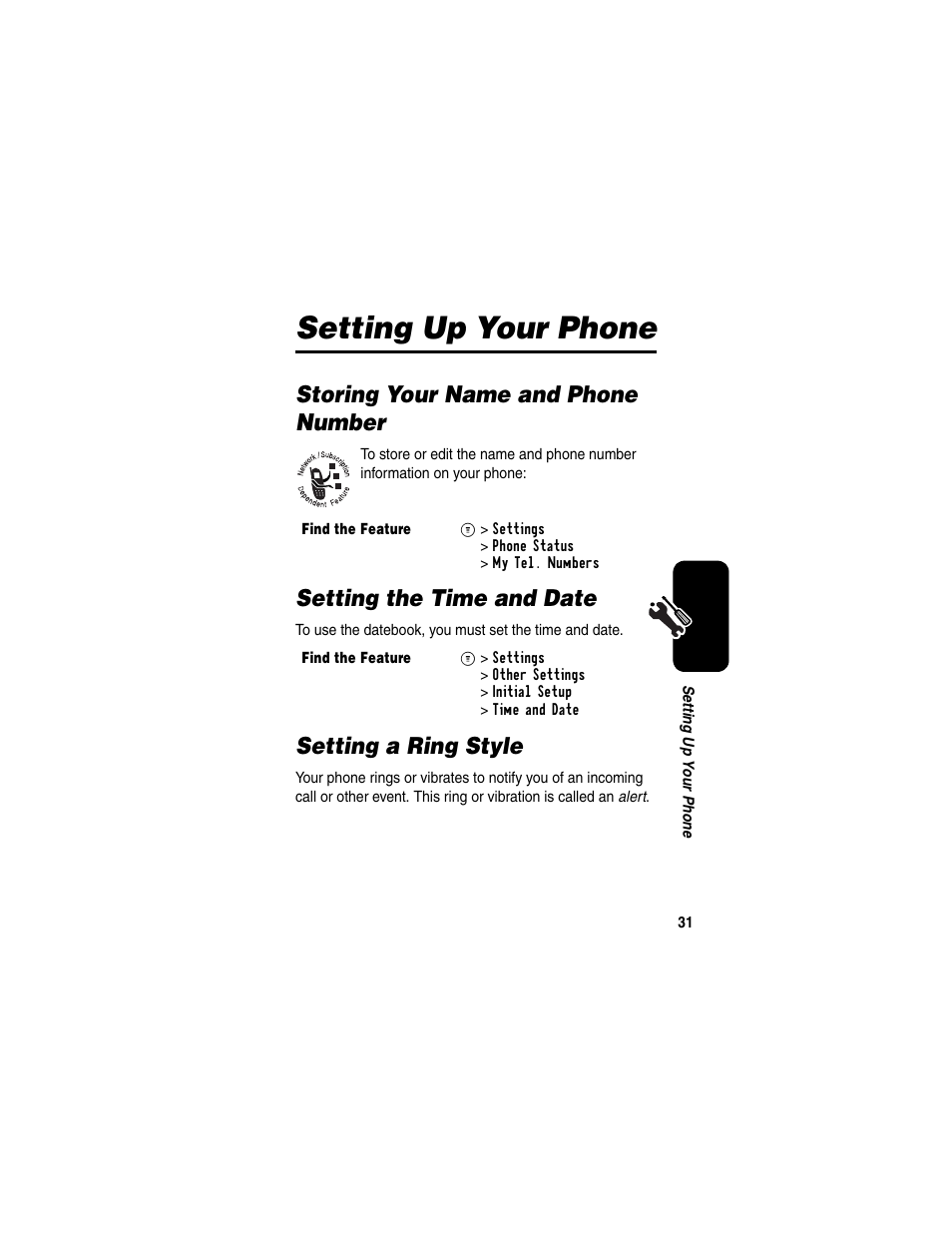Setting up your phone, Storing your name and phone number, Setting the time and date | Setting a ring style | Motorola CDMA User Manual | Page 33 / 74