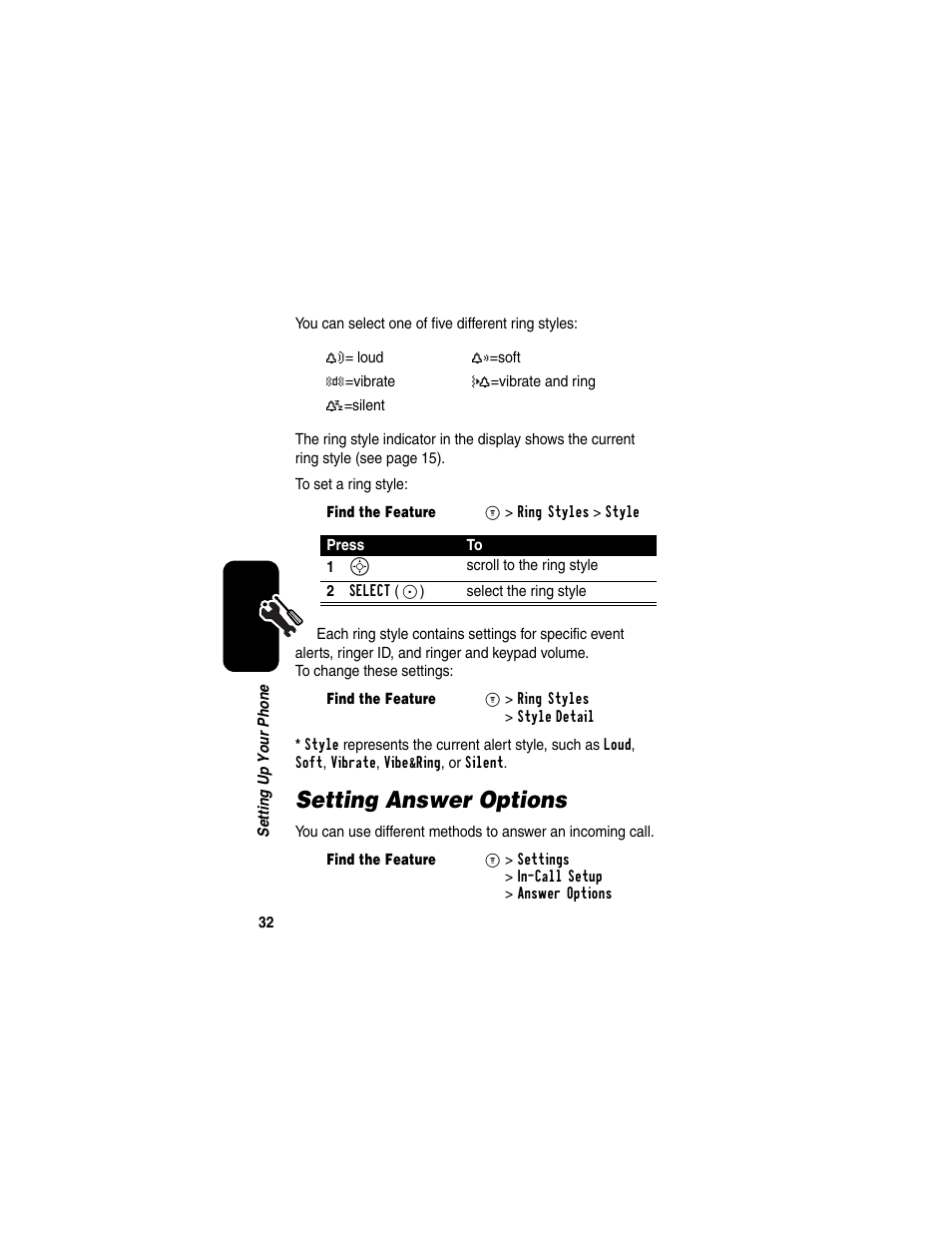 Setting answer options | Motorola CDMA User Manual | Page 34 / 74