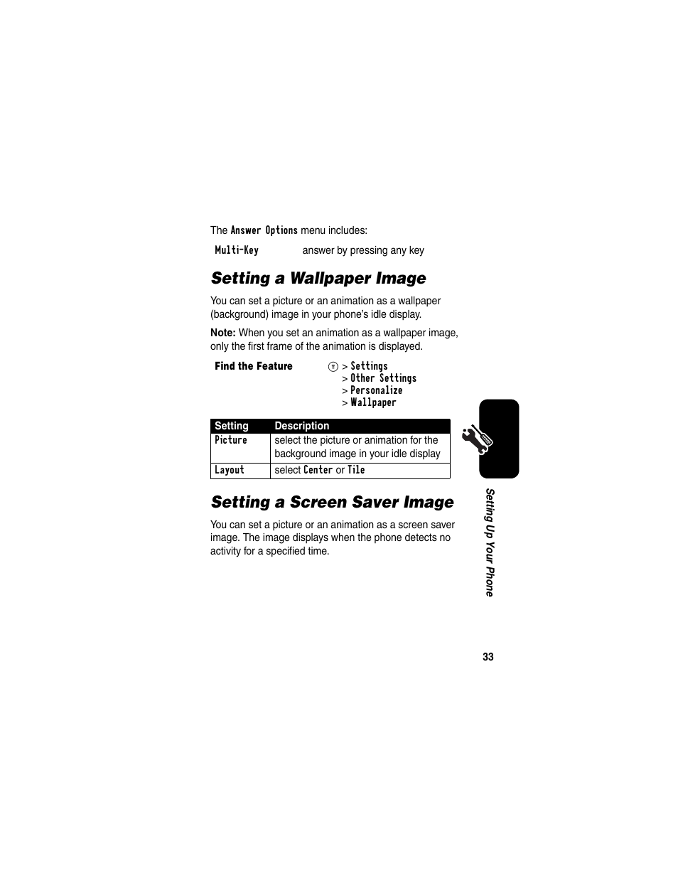 Setting a wallpaper image, Setting a screen saver image | Motorola CDMA User Manual | Page 35 / 74