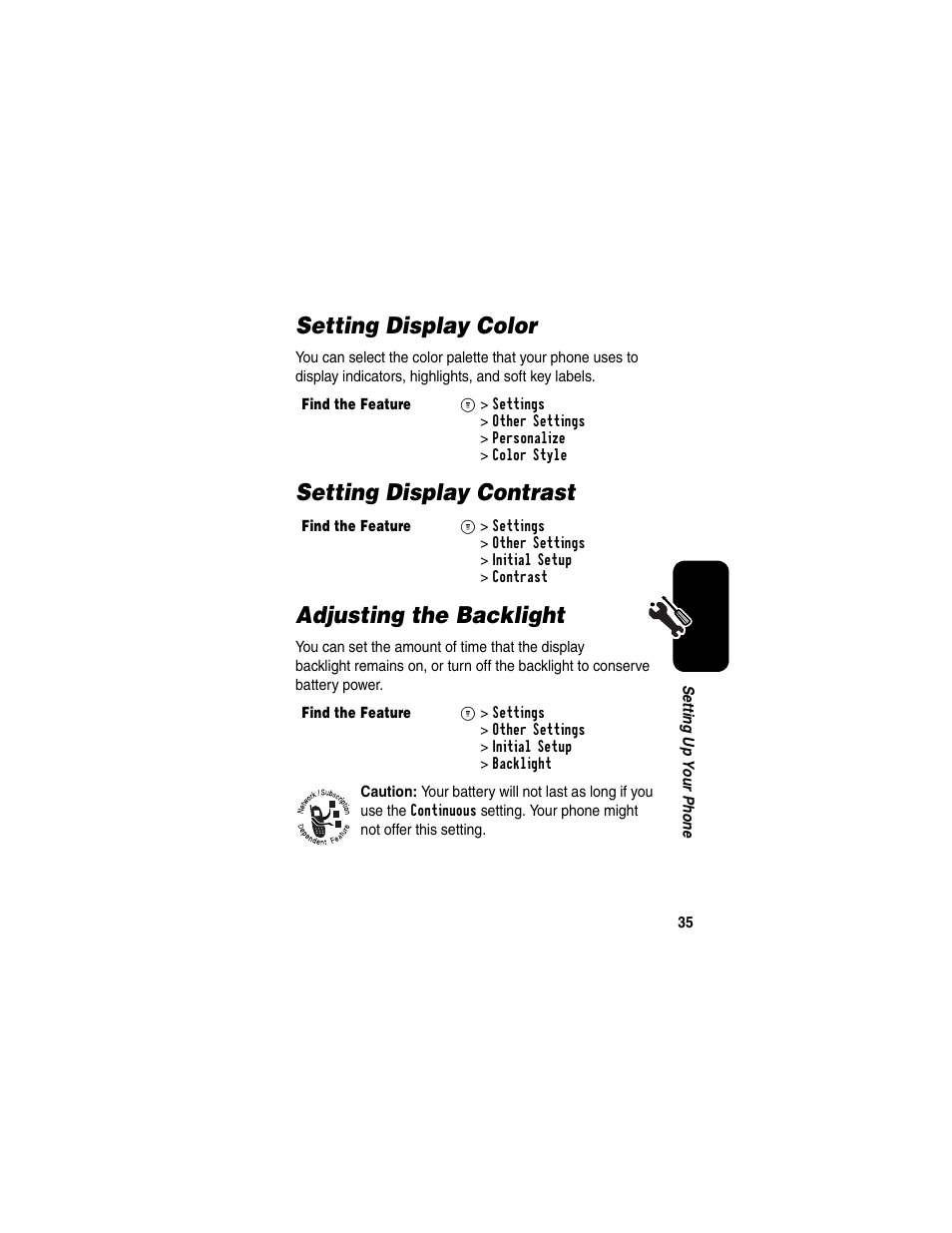 Setting display color, Setting display contrast, Adjusting the backlight | Setting display contrast adjusting the backlight | Motorola CDMA User Manual | Page 37 / 74