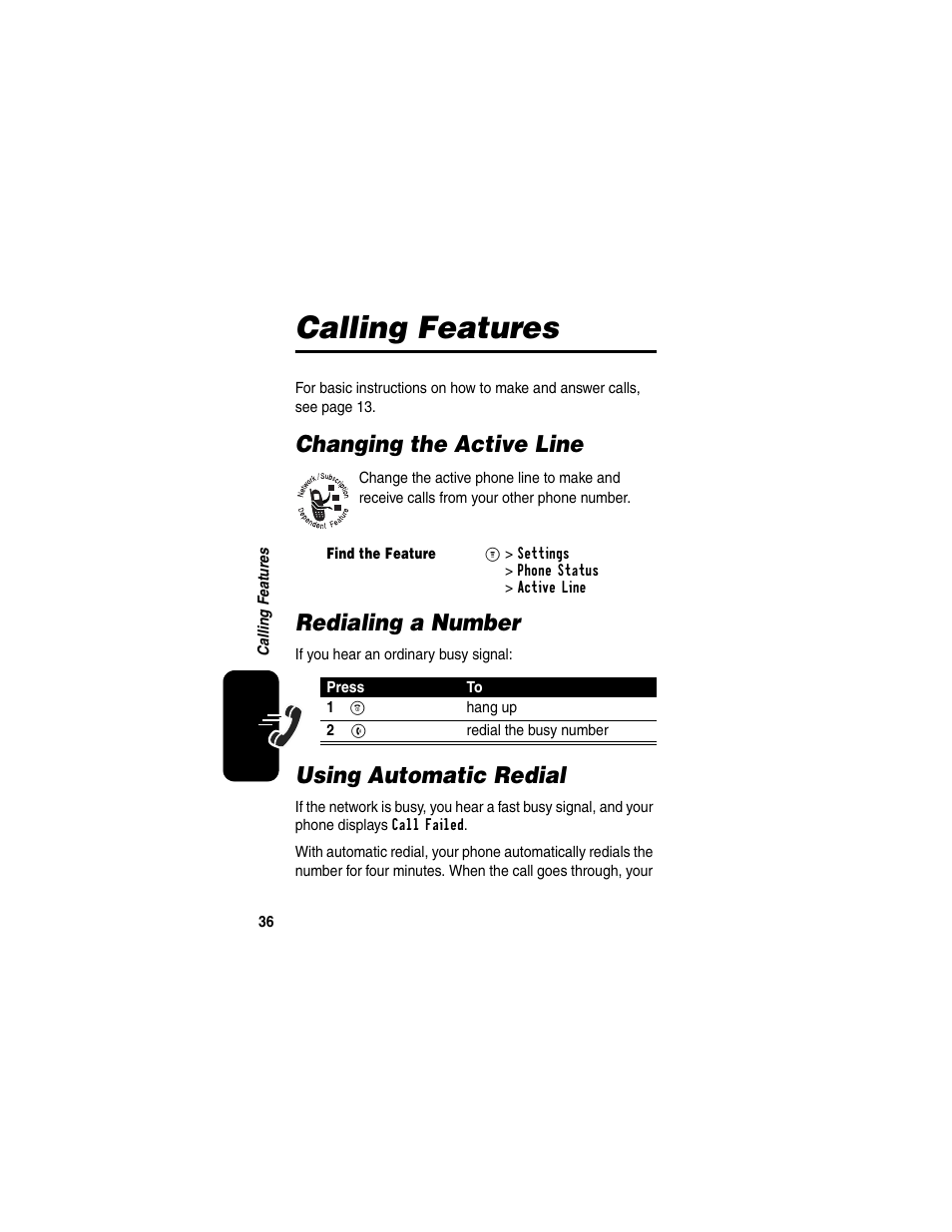 Calling features, Changing the active line, Redialing a number | Using automatic redial | Motorola CDMA User Manual | Page 38 / 74