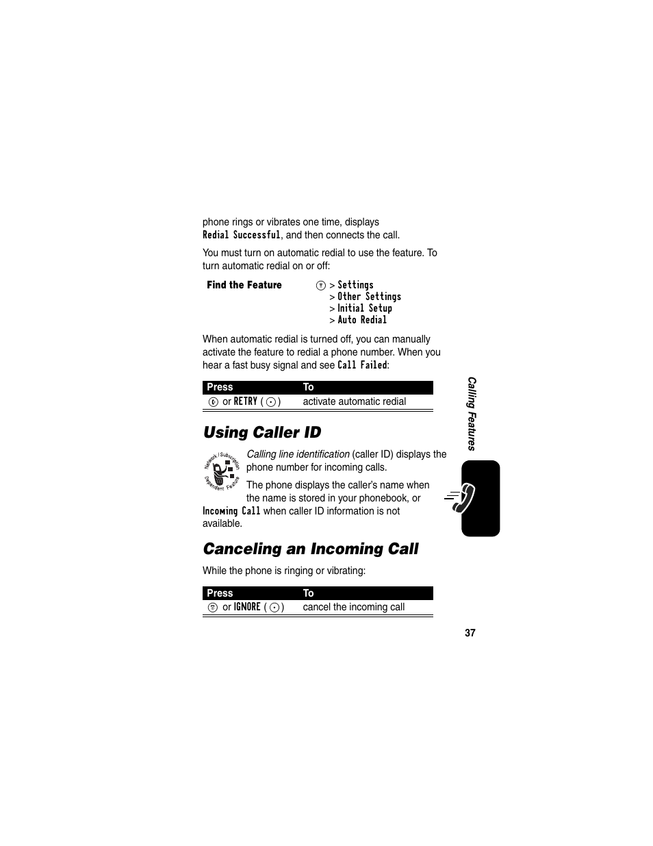 Using caller id, Canceling an incoming call, Using caller id canceling an incoming call | Motorola CDMA User Manual | Page 39 / 74