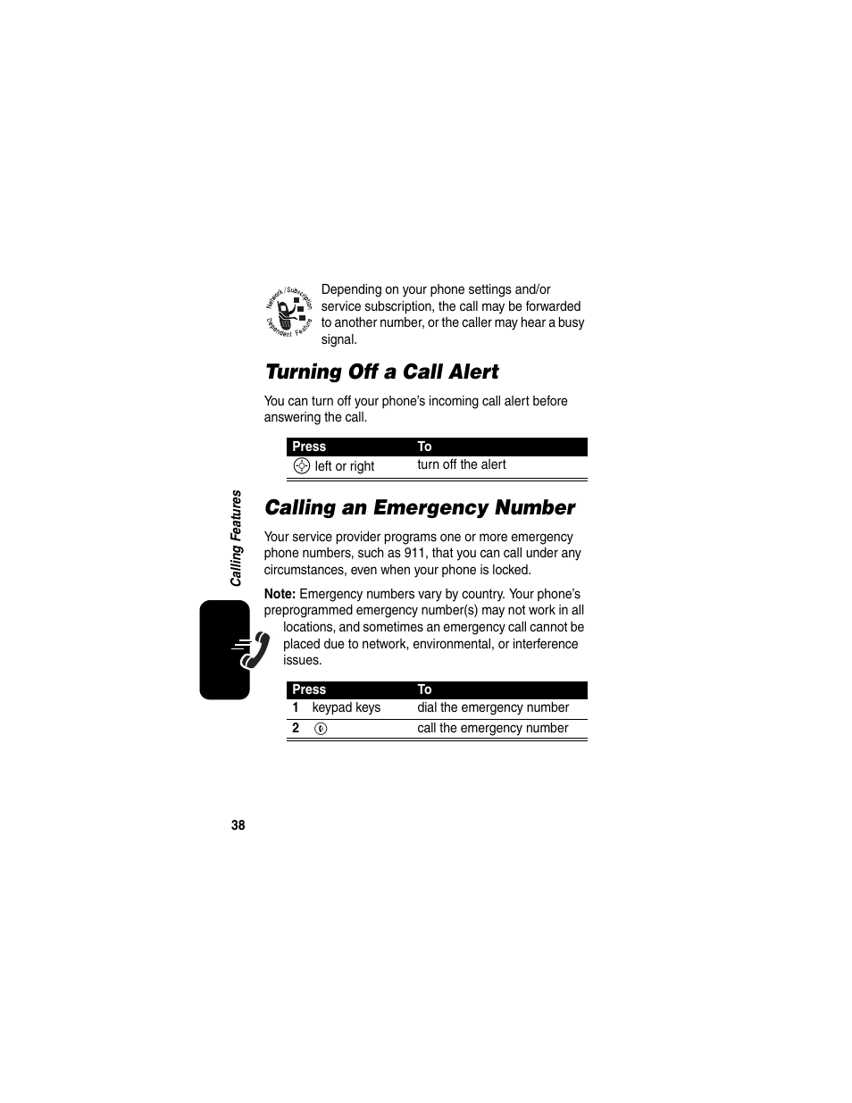 Turning off a call alert, Calling an emergency number | Motorola CDMA User Manual | Page 40 / 74