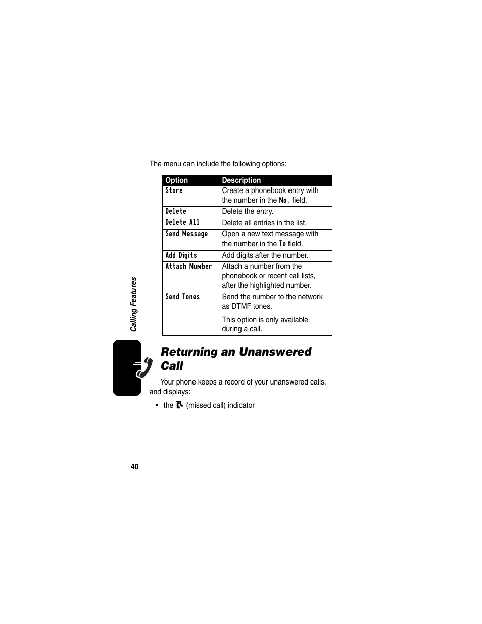 Returning an unanswered call | Motorola CDMA User Manual | Page 42 / 74