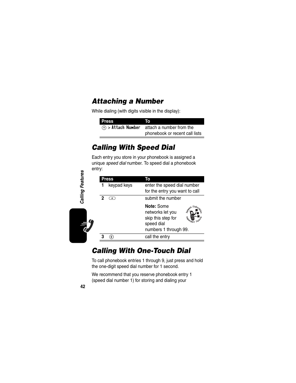 Attaching a number, Calling with speed dial, Calling with one-touch dial | Motorola CDMA User Manual | Page 44 / 74