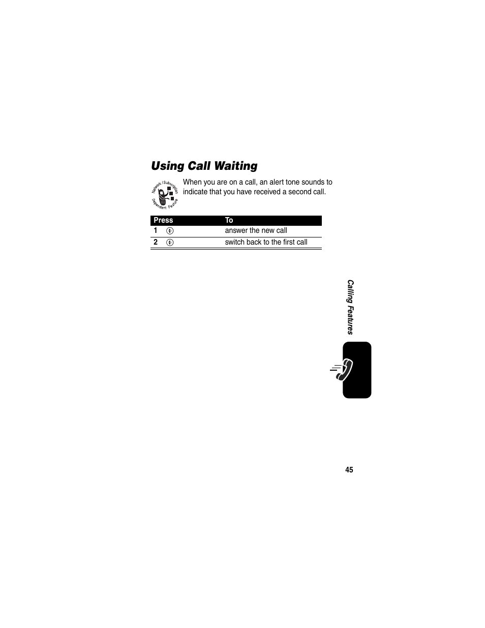 Using call waiting | Motorola CDMA User Manual | Page 47 / 74