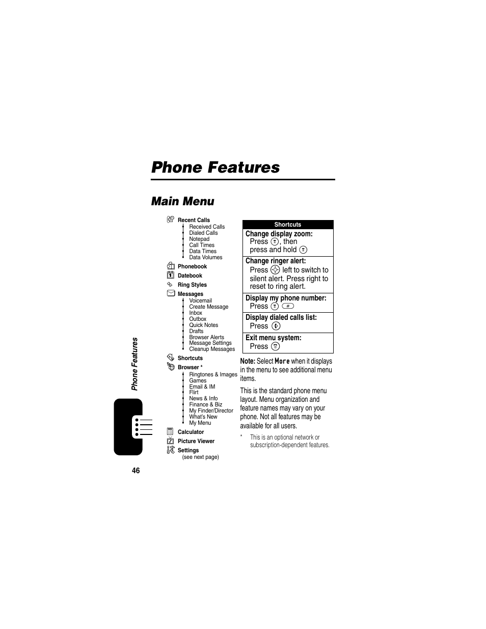 Phone features, Main menu | Motorola CDMA User Manual | Page 48 / 74
