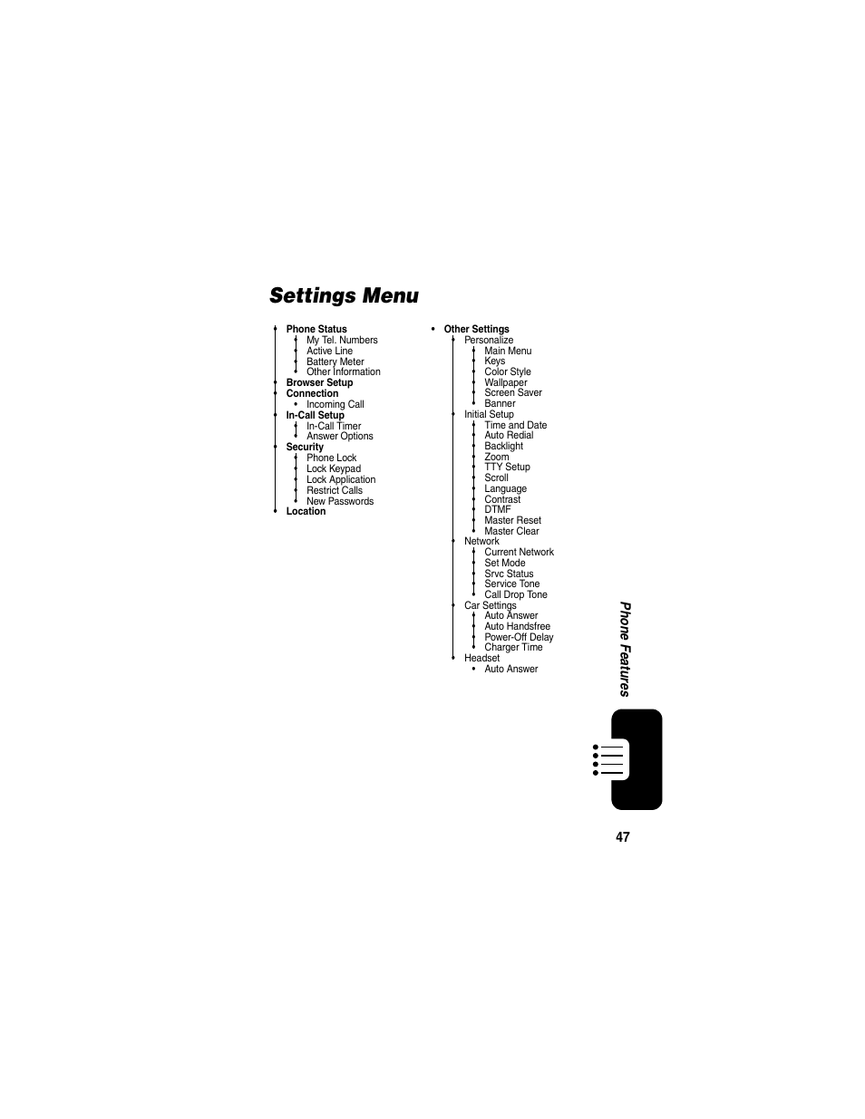 Settings menu | Motorola CDMA User Manual | Page 49 / 74