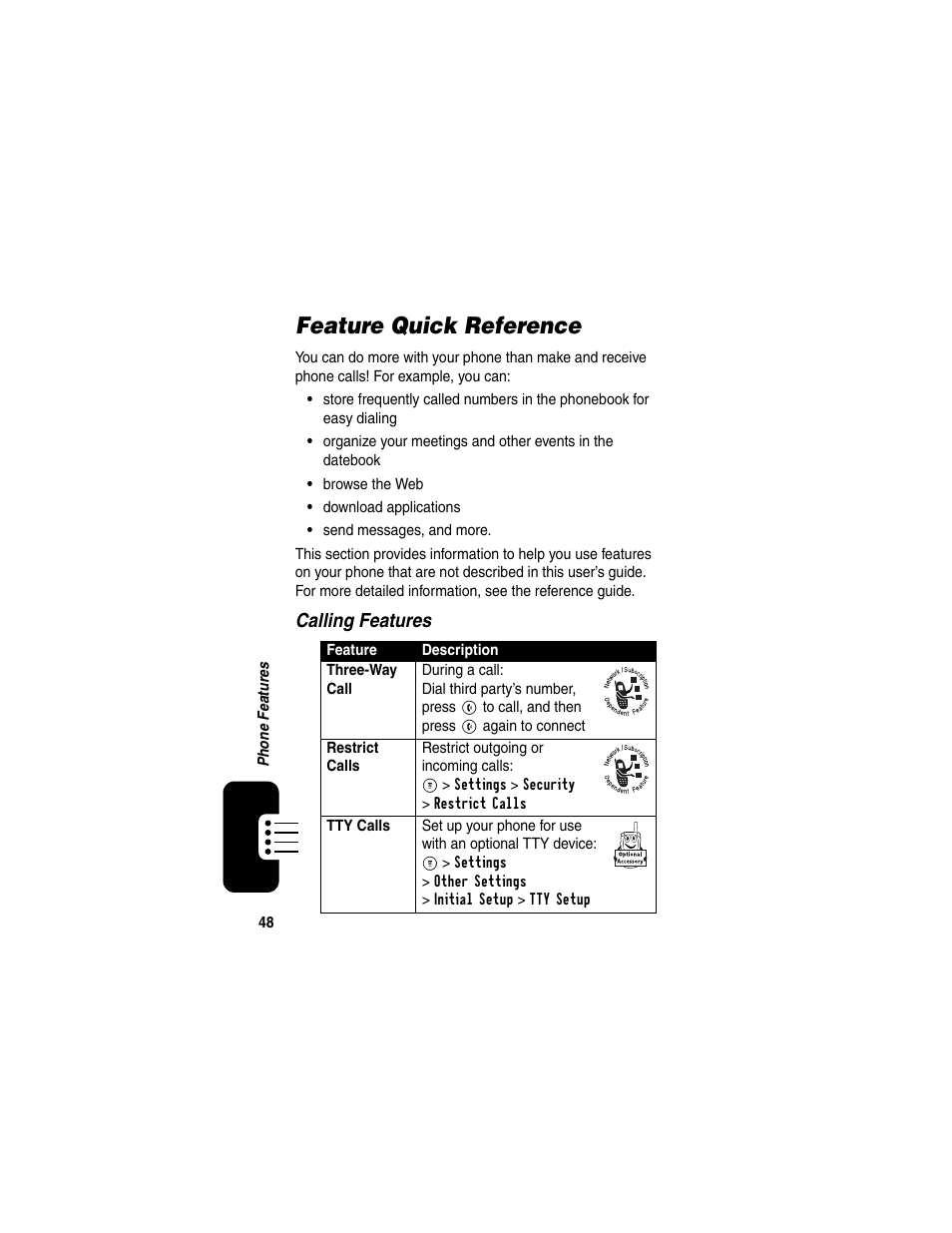 Feature quick reference | Motorola CDMA User Manual | Page 50 / 74