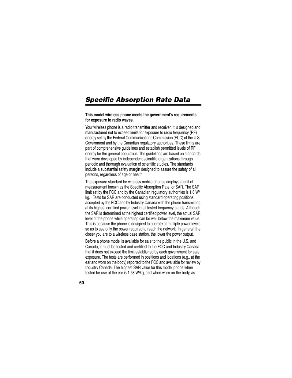 Specific absorption rate data | Motorola CDMA User Manual | Page 62 / 74