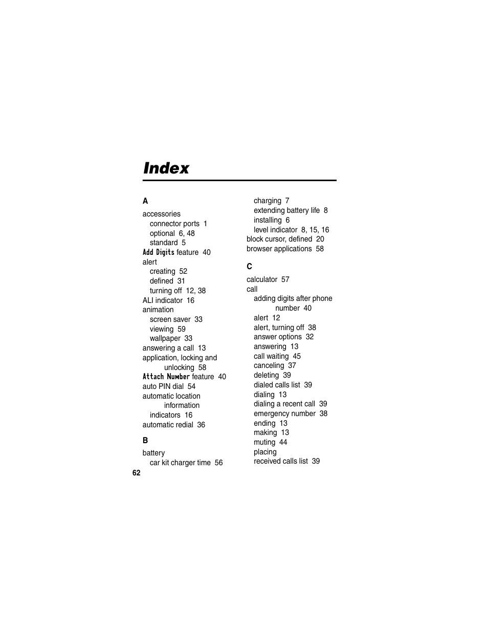 Index | Motorola CDMA User Manual | Page 64 / 74