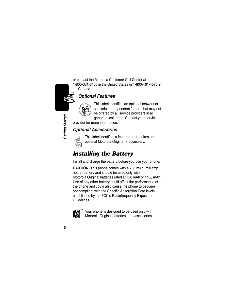 Installing the battery | Motorola CDMA User Manual | Page 8 / 74