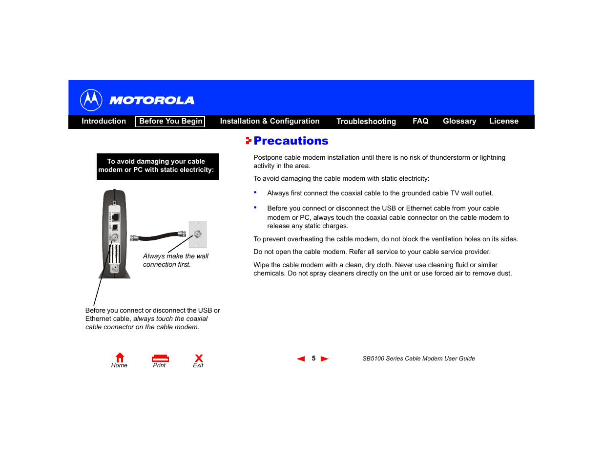 Precautions | Motorola SB5100 Series User Manual | Page 11 / 72