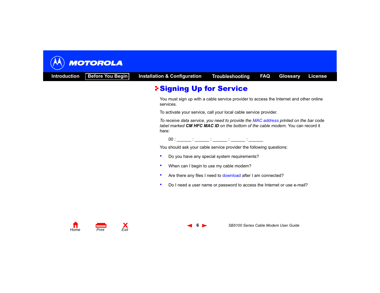 Signing up for service | Motorola SB5100 Series User Manual | Page 12 / 72