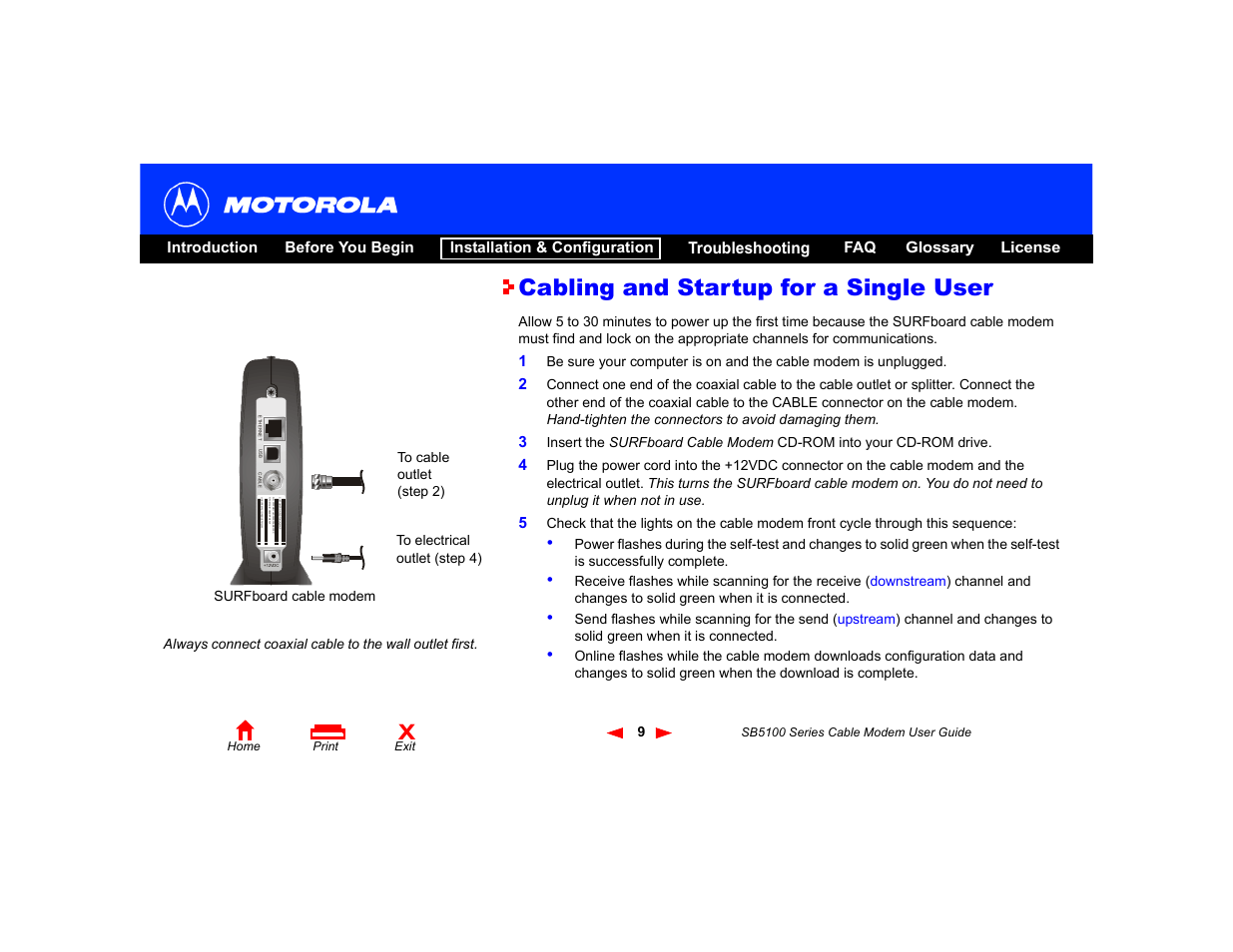 Cabling and startup for a single user | Motorola SB5100 Series User Manual | Page 15 / 72