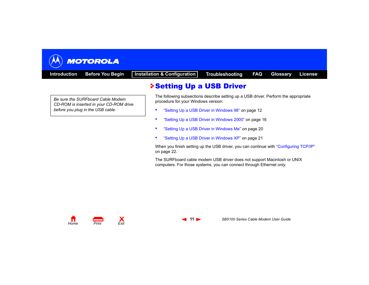 Setting up a usb driver, Setting up a usb, Driver | Motorola SB5100 Series User Manual | Page 17 / 72