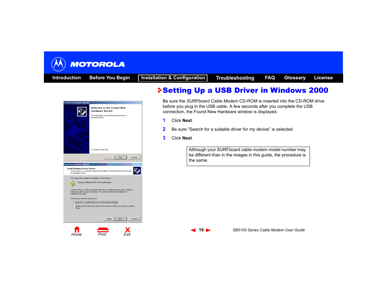 Setting up a usb driver in windows 2000 | Motorola SB5100 Series User Manual | Page 22 / 72