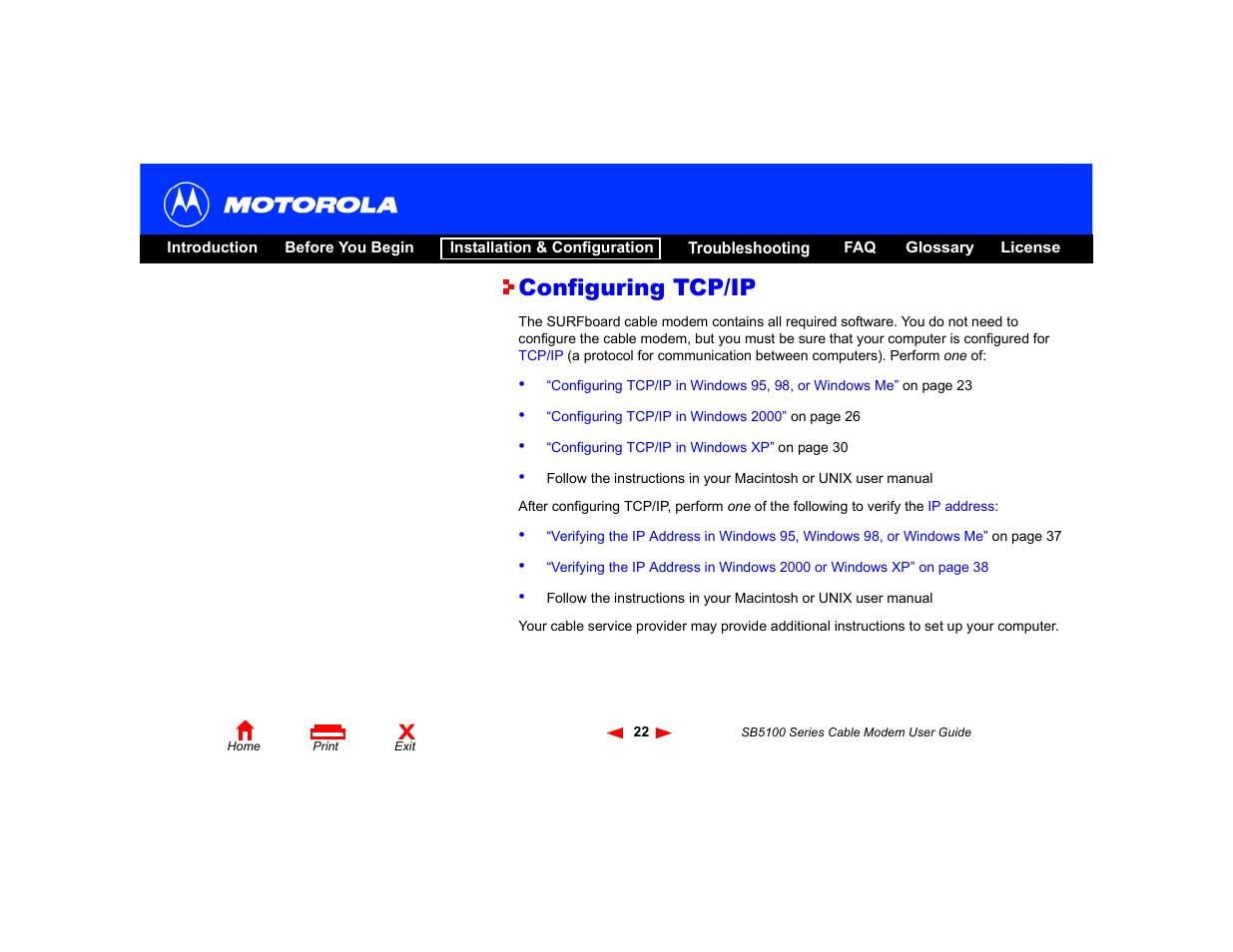 Configuring tcp/ip | Motorola SB5100 Series User Manual | Page 28 / 72