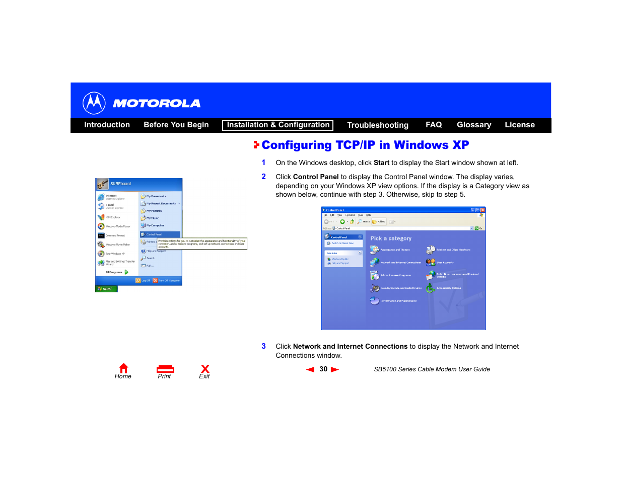 Configuring tcp/ip in windows xp, Configuring tcp/ip in, Windows xp | Motorola SB5100 Series User Manual | Page 36 / 72