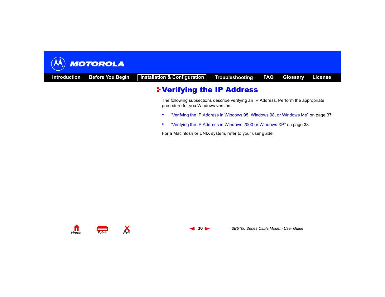 Verifying the ip address | Motorola SB5100 Series User Manual | Page 42 / 72